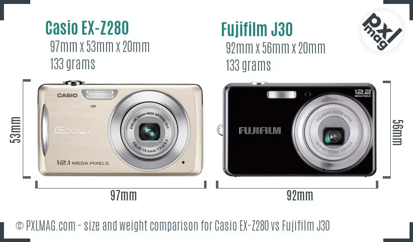 Casio EX-Z280 vs Fujifilm J30 size comparison Casio EX-Z280 vs Fujifilm J30 size comparison