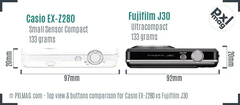 Casio EX-Z280 vs Fujifilm J30 top view buttons comparison Casio EX-Z280 vs Fujifilm J30 top view buttons comparison