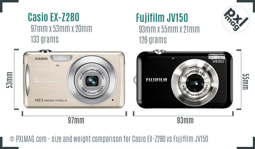 Casio EX-Z280 vs Fujifilm JV150 size comparison