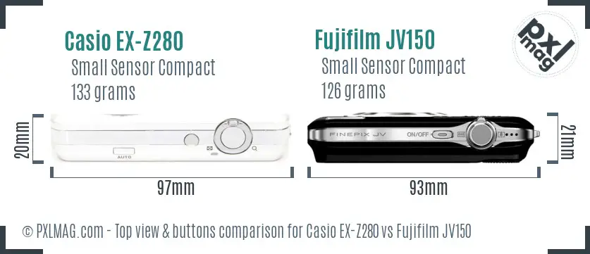 Casio EX-Z280 vs Fujifilm JV150 top view buttons comparison