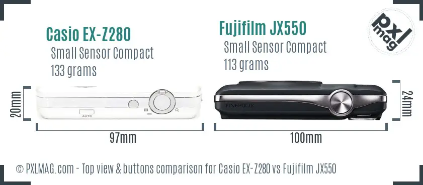 Casio EX-Z280 vs Fujifilm JX550 top view buttons comparison Casio EX-Z280 vs Fujifilm JX550 top view buttons comparison
