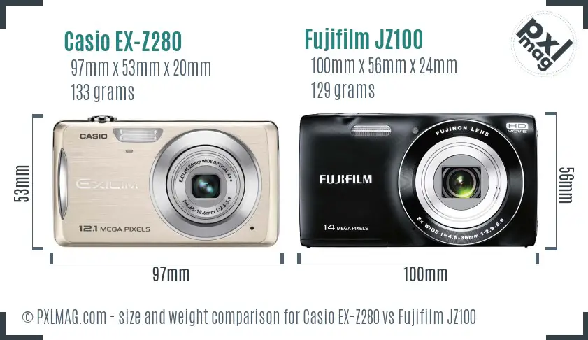 Casio EX-Z280 vs Fujifilm JZ100 size comparison