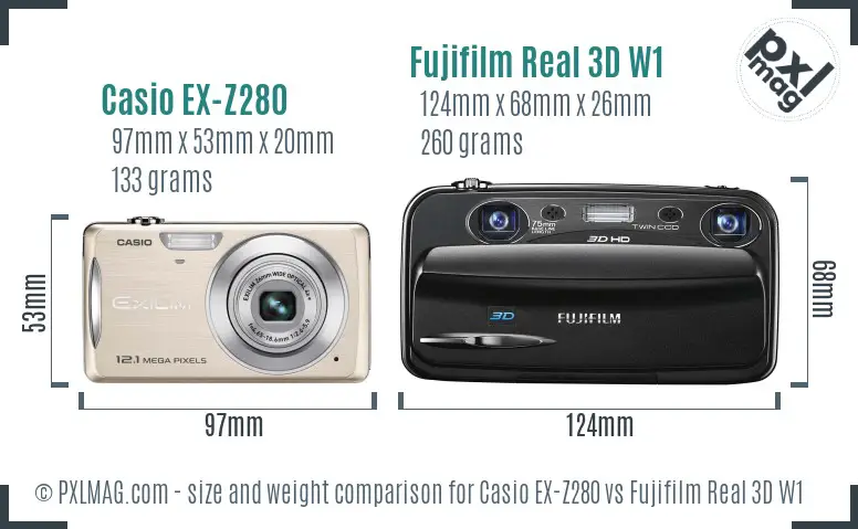 Casio EX-Z280 vs Fujifilm Real 3D W1 size comparison