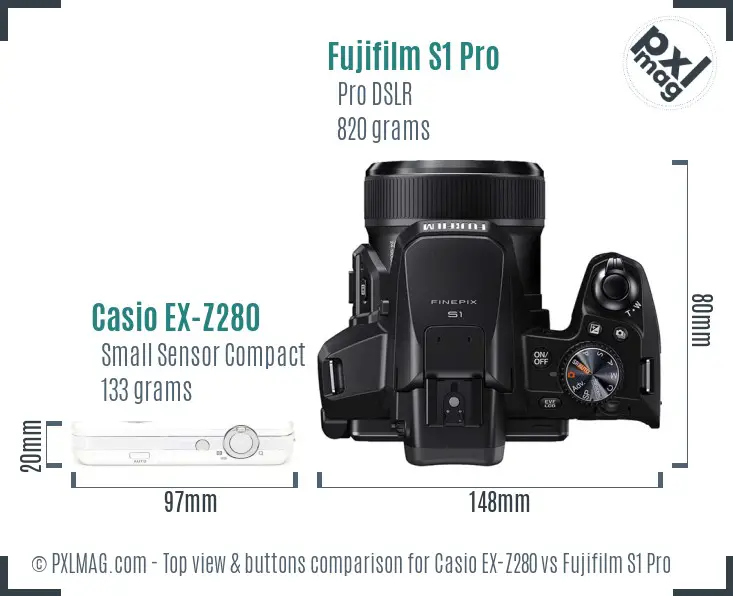 Casio EX-Z280 vs Fujifilm S1 Pro top view buttons comparison