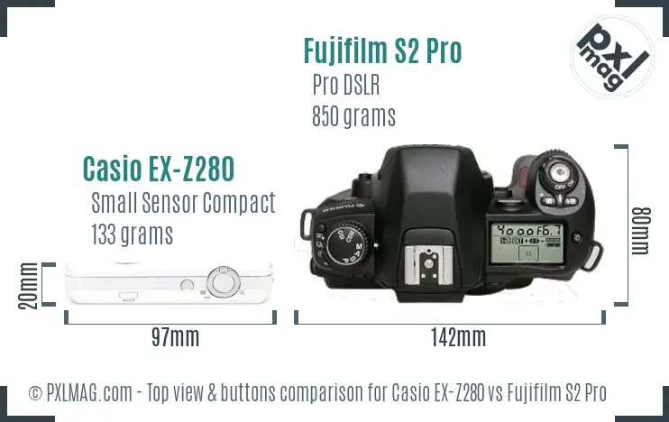 Casio EX-Z280 vs Fujifilm S2 Pro top view buttons comparison