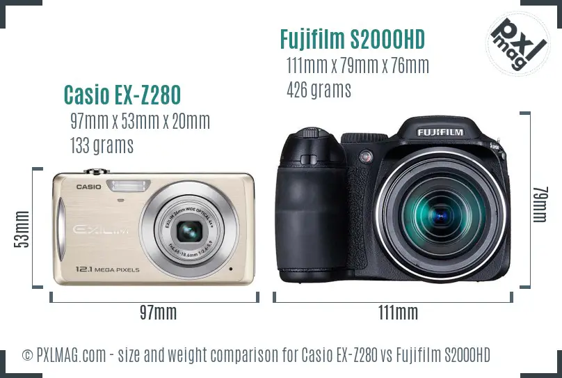 Casio EX-Z280 vs Fujifilm S2000HD size comparison Casio EX-Z280 vs Fujifilm S2000HD size comparison