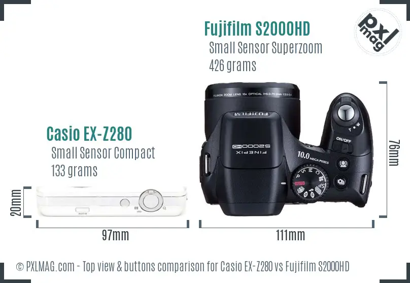 Casio EX-Z280 vs Fujifilm S2000HD top view buttons comparison Casio EX-Z280 vs Fujifilm S2000HD top view buttons comparison