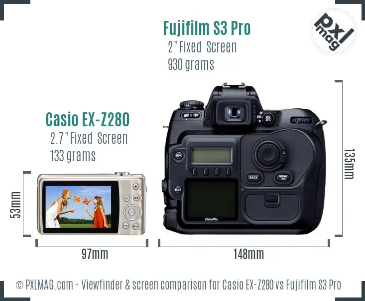 Casio EX-Z280 vs Fujifilm S3 Pro Screen and Viewfinder comparison
