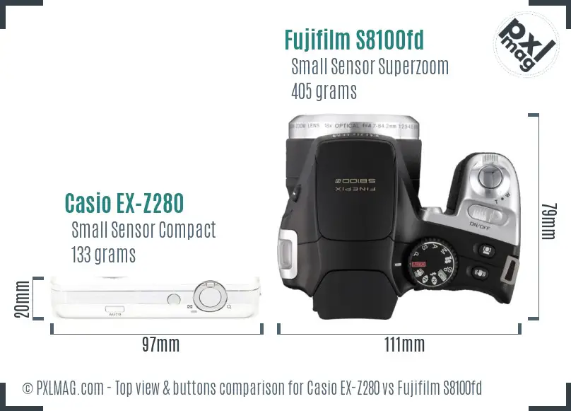 Casio EX-Z280 vs Fujifilm S8100fd top view buttons comparison