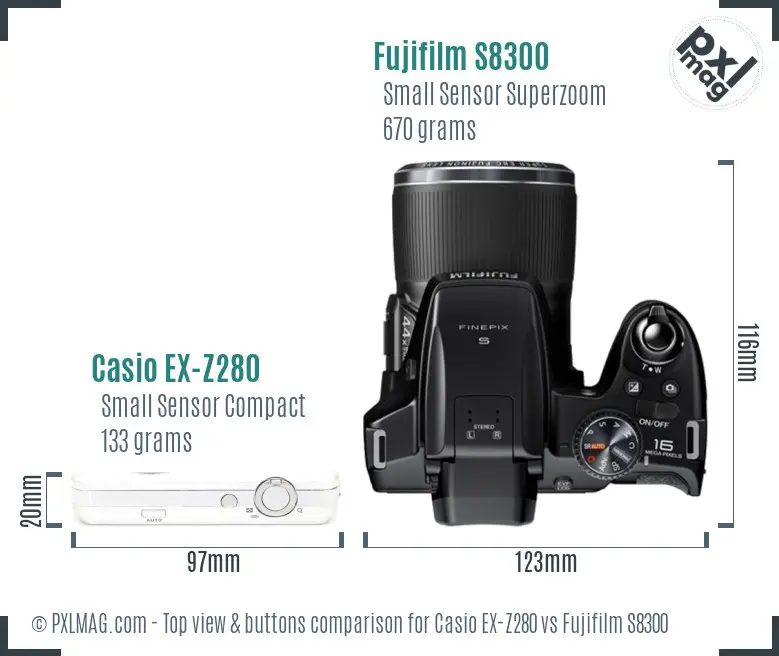 Casio EX-Z280 vs Fujifilm S8300 top view buttons comparison Casio EX-Z280 vs Fujifilm S8300 top view buttons comparison