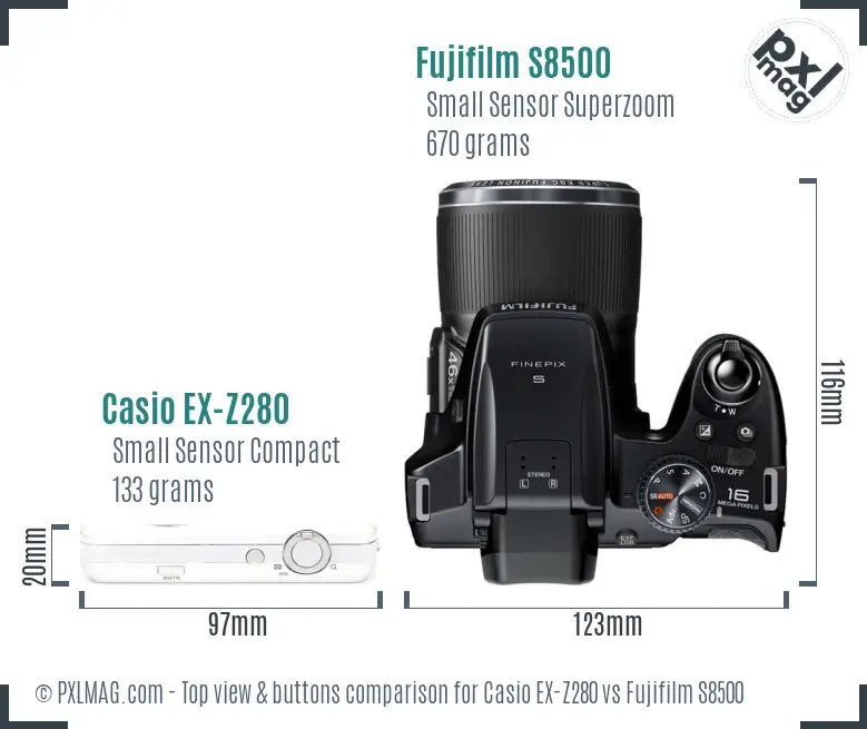 Casio EX-Z280 vs Fujifilm S8500 top view buttons comparison