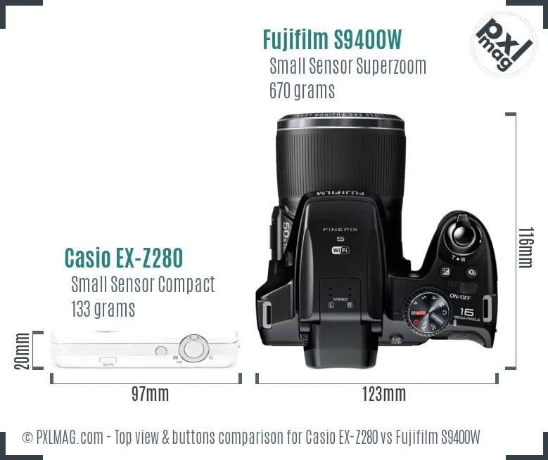 Casio EX-Z280 vs Fujifilm S9400W top view buttons comparison