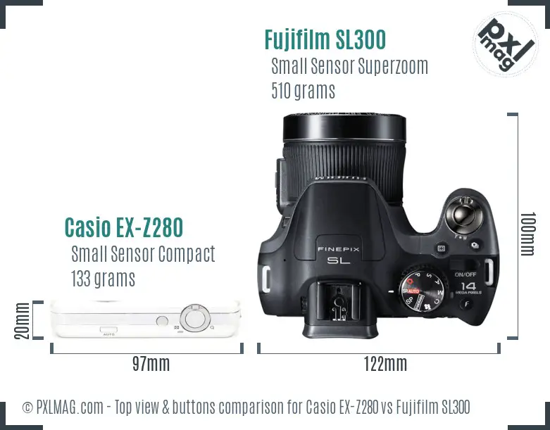 Casio EX-Z280 vs Fujifilm SL300 top view buttons comparison