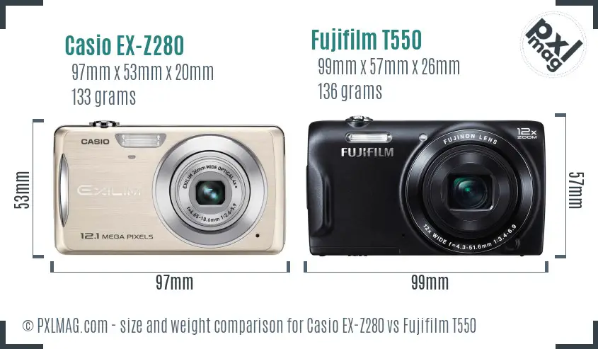 Casio EX-Z280 vs Fujifilm T550 size comparison