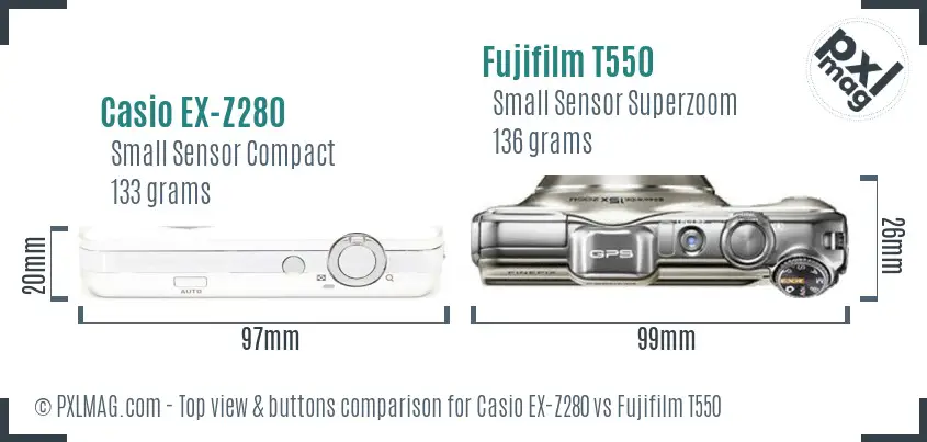 Casio EX-Z280 vs Fujifilm T550 top view buttons comparison