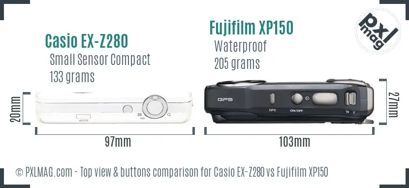 Casio EX-Z280 vs Fujifilm XP150 top view buttons comparison