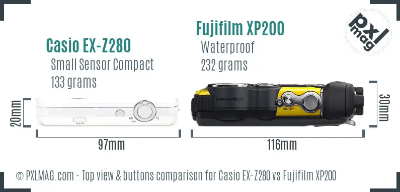 Casio EX-Z280 vs Fujifilm XP200 top view buttons comparison