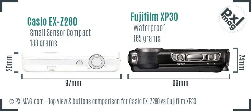 Casio EX-Z280 vs Fujifilm XP30 top view buttons comparison