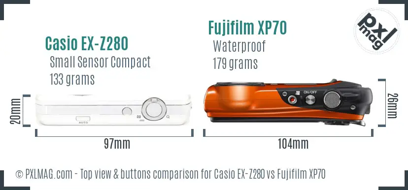 Casio EX-Z280 vs Fujifilm XP70 top view buttons comparison