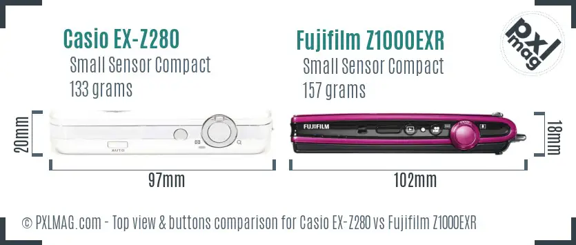 Casio EX-Z280 vs Fujifilm Z1000EXR top view buttons comparison Casio EX-Z280 vs Fujifilm Z1000EXR top view buttons comparison