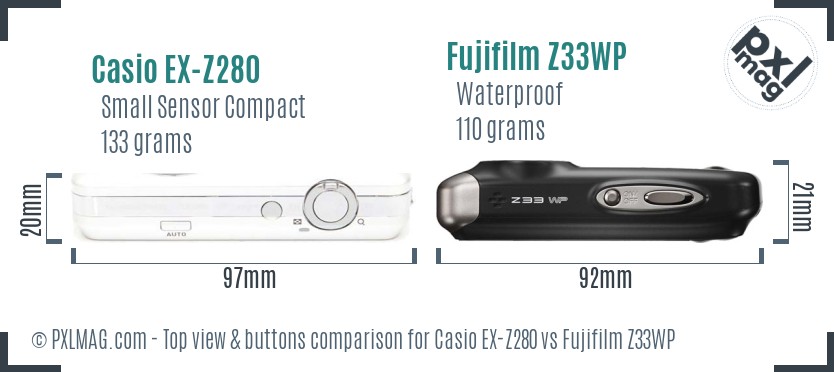 Casio EX-Z280 vs Fujifilm Z33WP top view buttons comparison