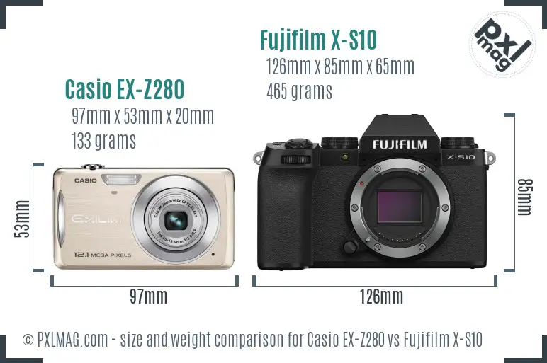 Casio EX-Z280 vs Fujifilm X-S10 size comparison Casio EX-Z280 vs Fujifilm X-S10 size comparison