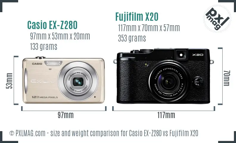 Casio EX-Z280 vs Fujifilm X20 size comparison