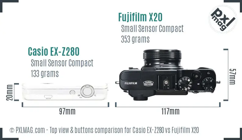 Casio EX-Z280 vs Fujifilm X20 top view buttons comparison
