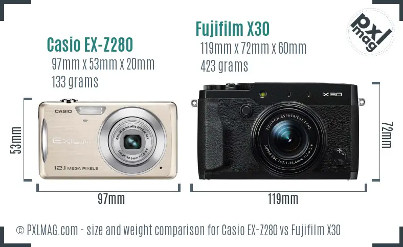 Casio EX-Z280 vs Fujifilm X30 size comparison