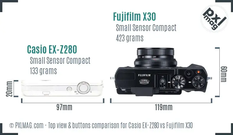Casio EX-Z280 vs Fujifilm X30 top view buttons comparison