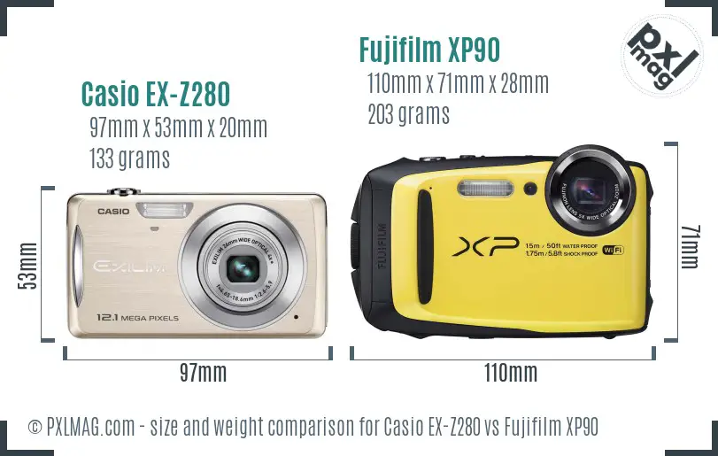 Casio EX-Z280 vs Fujifilm XP90 size comparison