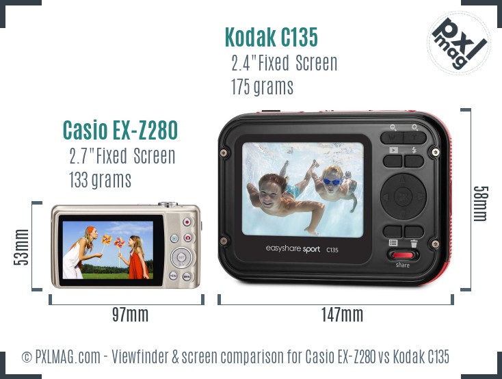 Casio EX-Z280 vs Kodak C135 Screen and Viewfinder comparison