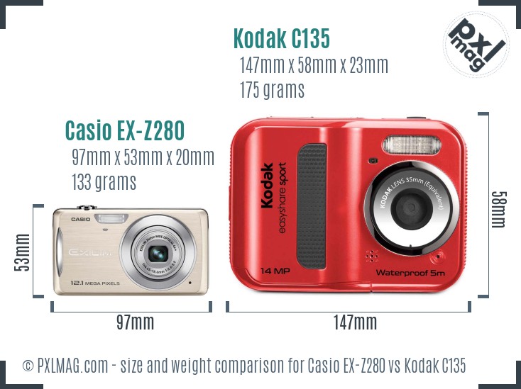 Casio EX-Z280 vs Kodak C135 size comparison