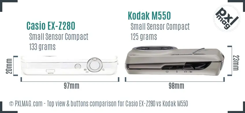 Casio EX-Z280 vs Kodak M550 top view buttons comparison Casio EX-Z280 vs Kodak M550 top view buttons comparison