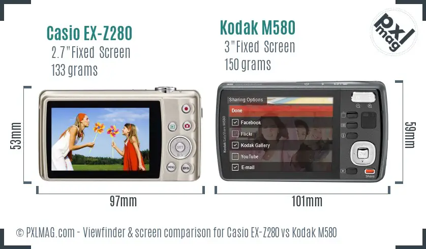 Casio EX-Z280 vs Kodak M580 Screen and Viewfinder comparison