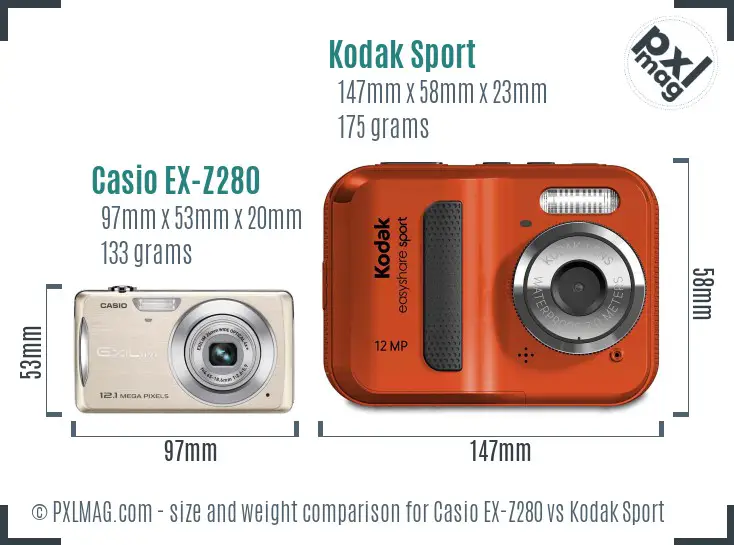 Casio EX-Z280 vs Kodak Sport size comparison Casio EX-Z280 vs Kodak Sport size comparison