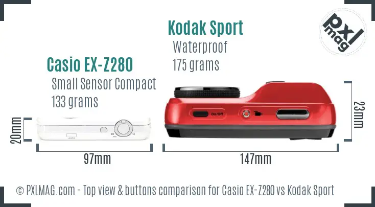 Casio EX-Z280 vs Kodak Sport top view buttons comparison Casio EX-Z280 vs Kodak Sport top view buttons comparison