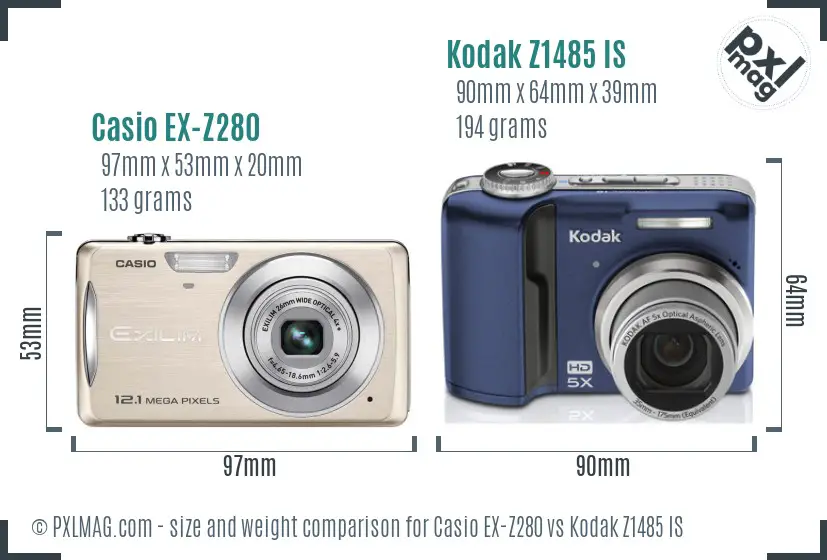 Casio EX-Z280 vs Kodak Z1485 IS size comparison