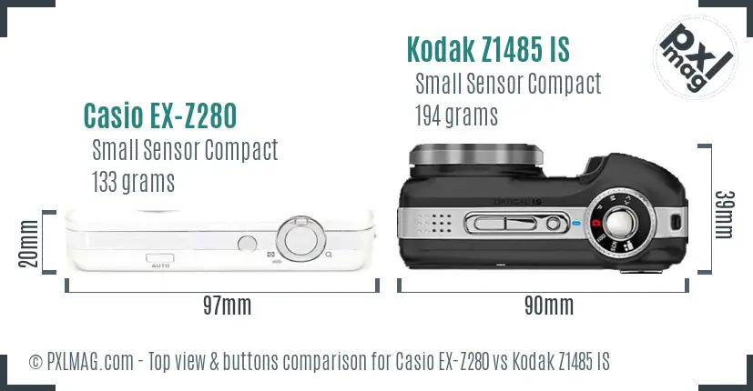 Casio EX-Z280 vs Kodak Z1485 IS top view buttons comparison