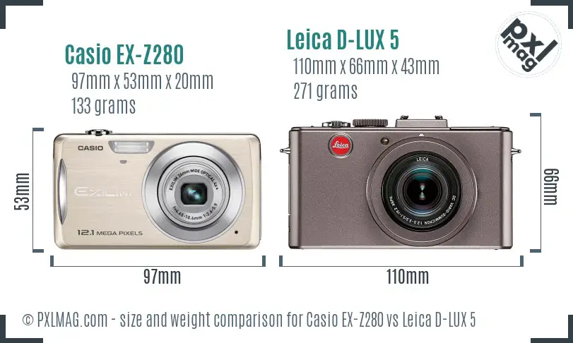 Casio EX-Z280 vs Leica D-LUX 5 size comparison