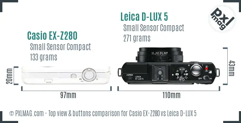 Casio EX-Z280 vs Leica D-LUX 5 top view buttons comparison