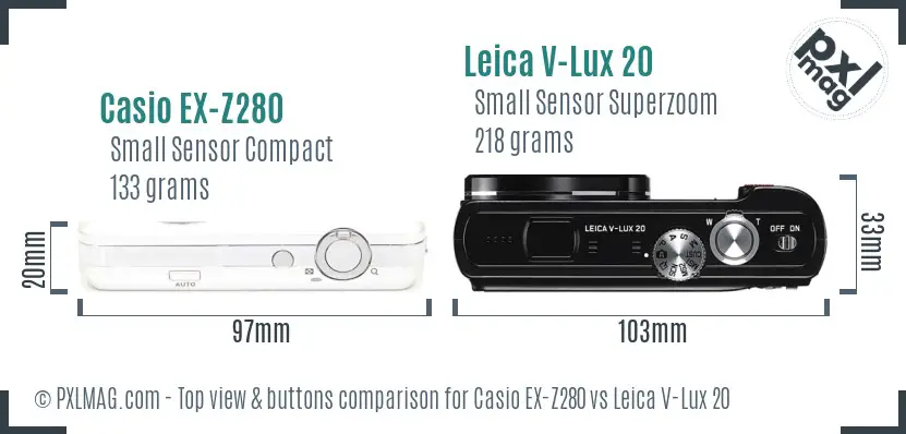 Casio EX-Z280 vs Leica V-Lux 20 top view buttons comparison