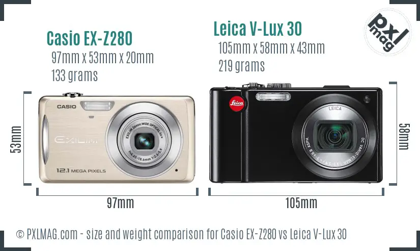 Casio EX-Z280 vs Leica V-Lux 30 size comparison