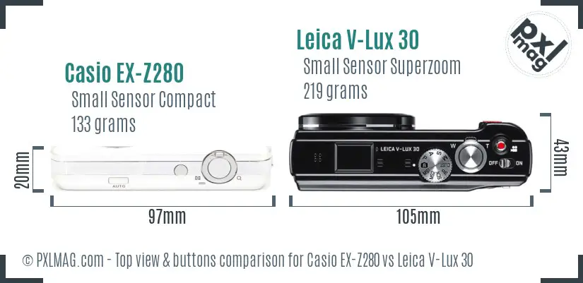 Casio EX-Z280 vs Leica V-Lux 30 top view buttons comparison