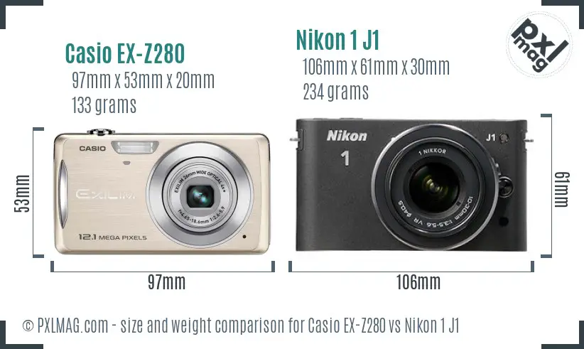 Casio EX-Z280 vs Nikon 1 J1 size comparison
