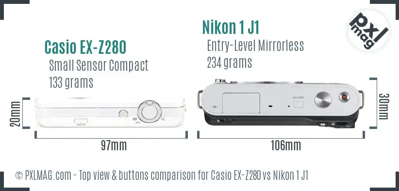 Casio EX-Z280 vs Nikon 1 J1 top view buttons comparison