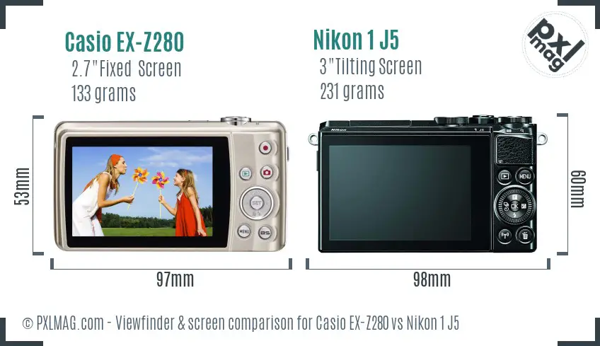 Casio EX-Z280 vs Nikon 1 J5 Screen and Viewfinder comparison