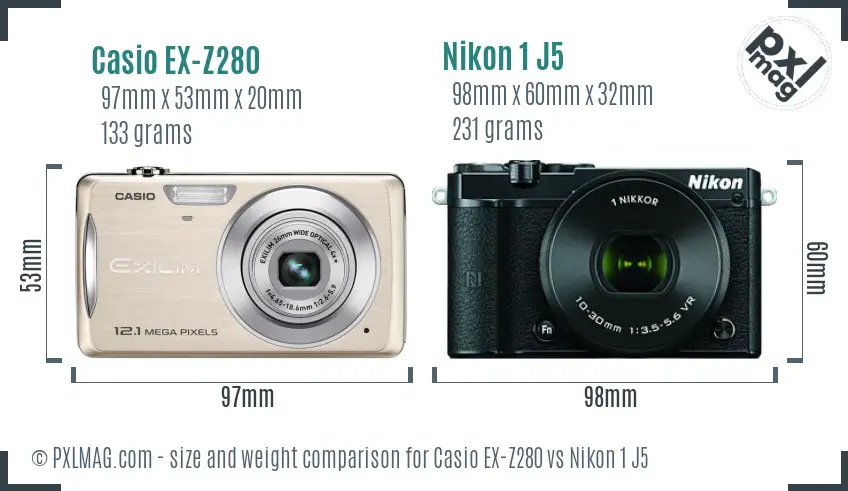 Casio EX-Z280 vs Nikon 1 J5 size comparison