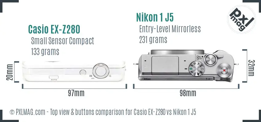 Casio EX-Z280 vs Nikon 1 J5 top view buttons comparison
