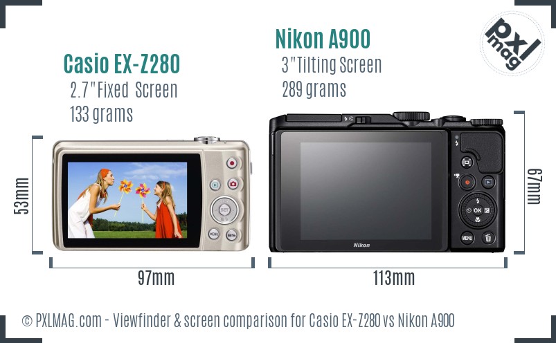 Casio EX-Z280 vs Nikon A900 Screen and Viewfinder comparison